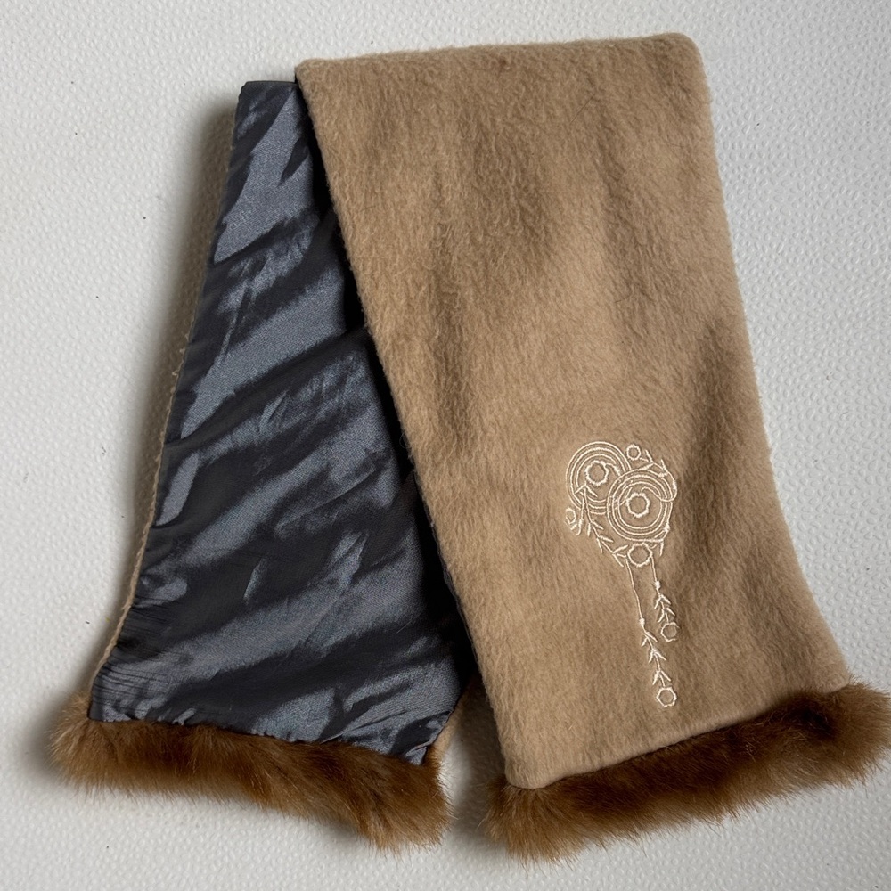 Embroidered Tan Scarf with Fur Trim